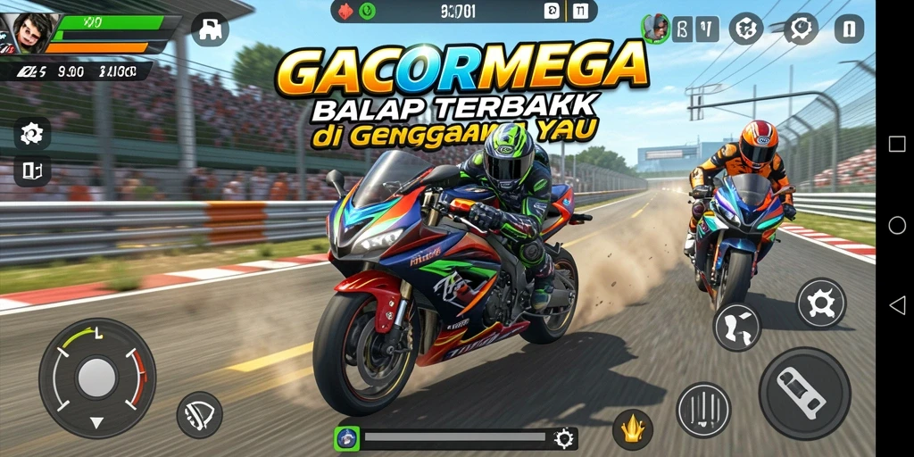 Screenshot GACORMEGA menampilkan aksi balapan motor yang mendebarkan.