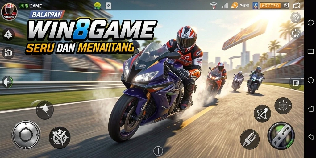 Gambaran seru gameplay balapan motor dalam WIN8GAME.